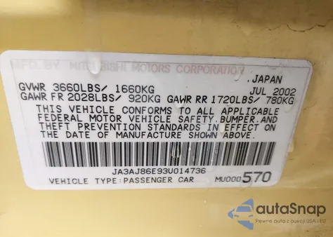 2003 Mitsubishi Lancer Oz Rally from USA, damaged, VIN JA3AJ86E93U014736